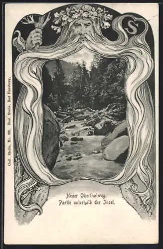 Lithographie Oker, Neuer Okerthalweg, Partie unterhalb der Insel im Bart von Mann, Passepartout