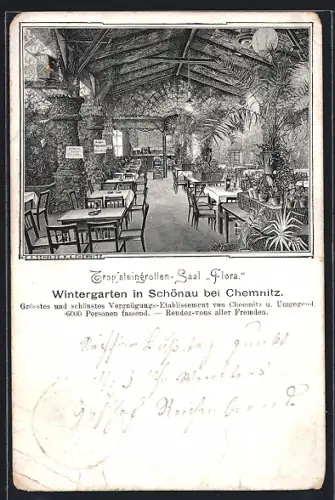 Lithographie Schönau bei Chemnitz, Restaurant Wintergarten, Tropfsteingrotten-Saal Flora, Innenansicht