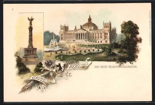 Lithographie Berlin-Tiergarten, Siegessäule, Springbrunnen