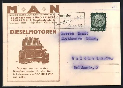 Künstler-AK Leipzig, Maschinenfabrik Augsburg-Nürnberg AG, Technisches Büro, Stehaniplatz 3, Dieselmotoren