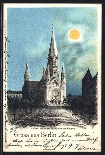 Lithographie Berlin-Charlottenburg, Kaiser Wilhelm Gedächtnis-Kirche bei Mondschein