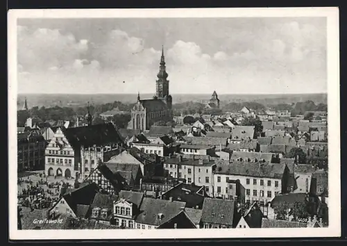 AK Greifswald, Teilansicht mit Kirche