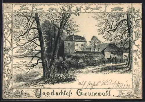 Lithographie Berlin-Grunewald, Blick auf das Jagdschloss, davor Reiter