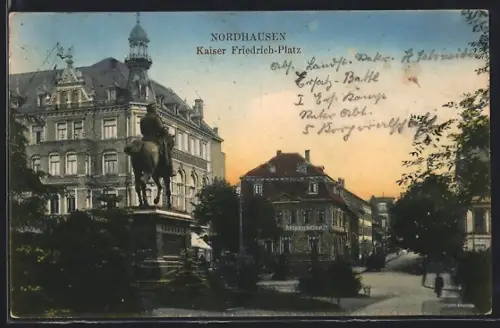 AK Nordhausen, Kaiser-Friedrich-Platz mit Denkmal