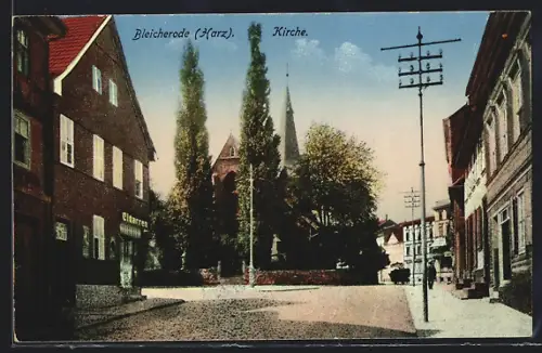 AK Bleicherode /Harz, Blick auf die Kirche mit Zigarrengeschäft