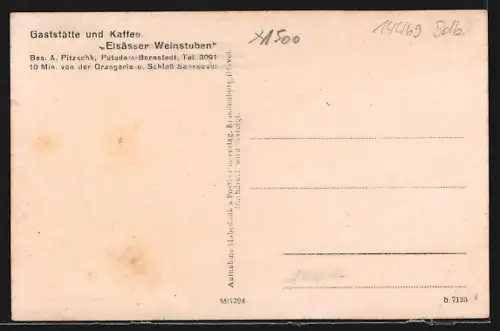 AK Potsdam-Bornstedt, Gaststätte und Kaffee Elsässer Weinstuben, Veranda