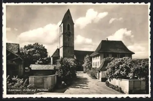 AK Schöftland, Kirche u. Pfarrhaus mit Strasse, Panorama