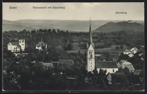 AK Seon, Teilansicht mit Staufberg u. Kirche aus der Vogelschau