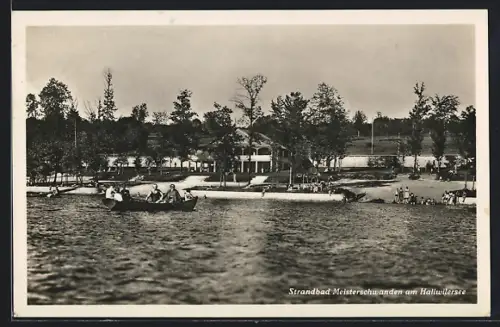 AK Meisterschwanden, Strandbad am Hallwilersee, Panorama vom Wasser, mit Bootspartie
