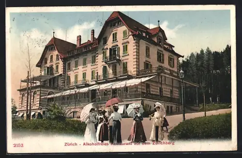 AK Zürich, Alkoholfreies Restaurant auf dem Zürichberg, Damengruppe mit Schirmen