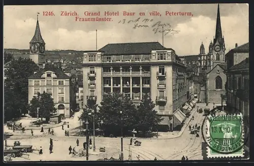 AK Zürich, Grand Hotel Baur en ville, Peterturm und Fraunmünster aus der Vogelschau
