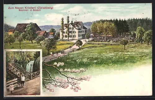 AK Zürich, Zürichberg, Gasthaus Zum Neuen Klösterli J. Städeli, Panorama mit Landstrasse und Garten, Zürichberg-Partie