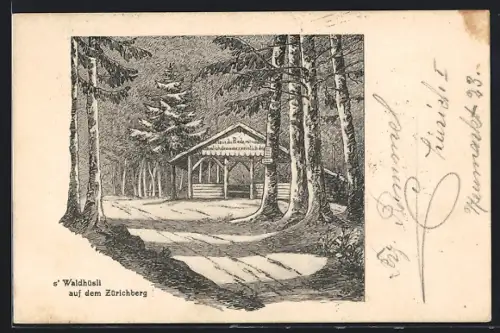 Künstler-AK Zürich, Zürichberg, Waldhüsli mit Waldweg