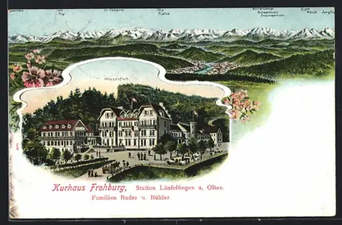 AK Läufelfingen, Kurhaus Frohburg mit Wiesenflug, Bes. Familien Bader & Bühler, Gebirgspanorama