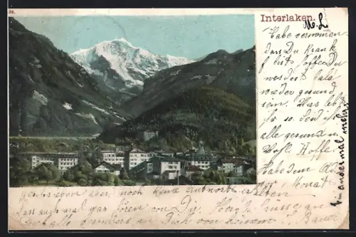 Künstler-AK Interlaken, Teilansicht mit Bergen