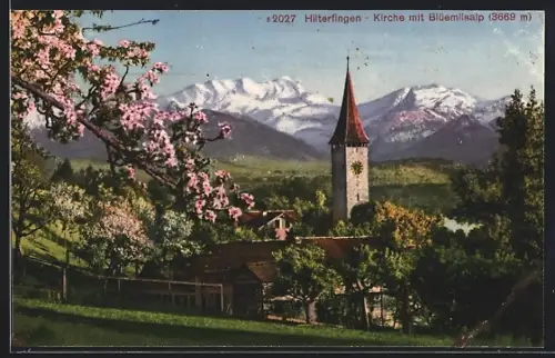AK Hilterfingen, Kirche mit Blüemlisalp