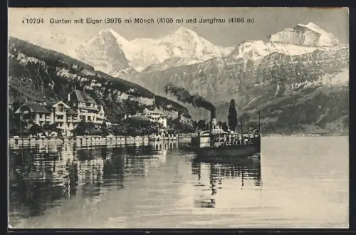AK Gunten, Uferpartie mit Dampfer, Eiger, Mönch und Jungfrau