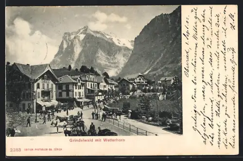 AK Grindelwald, Ortsansicht mit Wetterhorn