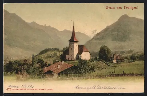 AK Frutigen, Ortspartie mit Kirche