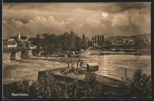 AK Rheinfelden, Panorama mit Brücke bei Mondschein