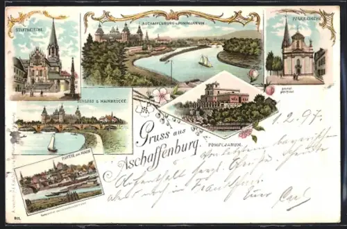 Lithographie Aschaffenburg, Stiftskirche, Schloss und Mainbrücke, Pfarrkirche