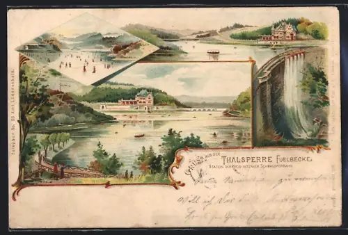 Lithographie Altena, Fülbecker Talsperre, Schlittschuhläufer auf der Eisbahn, Uferpartie