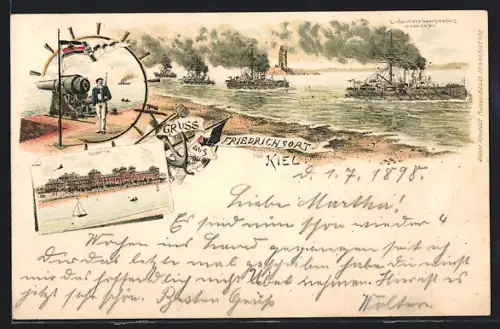 Lithographie Kiel, Friedrichsort, Einfahrt des Geschwaders in den Hafen, Kaserne, Matrose mit Kanone