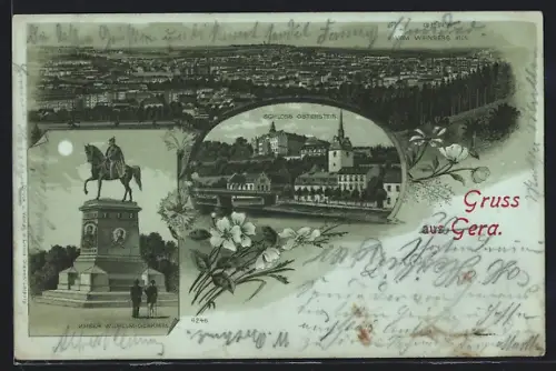 Mondschein-Lithographie Gera, Teilansicht vom Weinberg aus, Schloss Osterstein, Kaiser Wilhelm-Denkmal