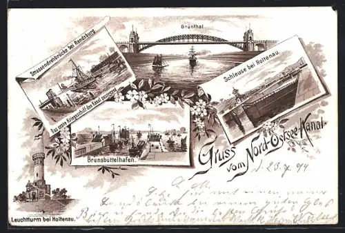 Lithographie Rendsburg, Strassendrehbrücke, Leuchtturm, Schleuse