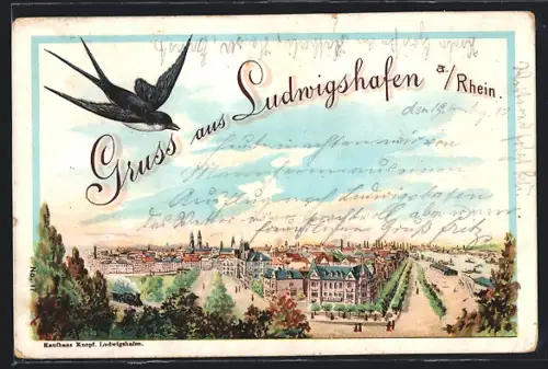 Lithographie Ludwigshafen a. Rhein, Teilansicht mit Schwalbe