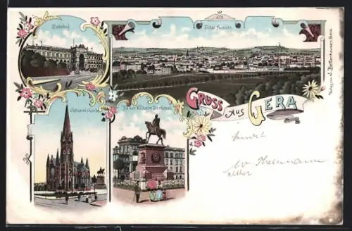 Lithographie Gera, Kaiser Wilhelm-Denkmal, Bahnhof, Johanniskirche, Totalansicht