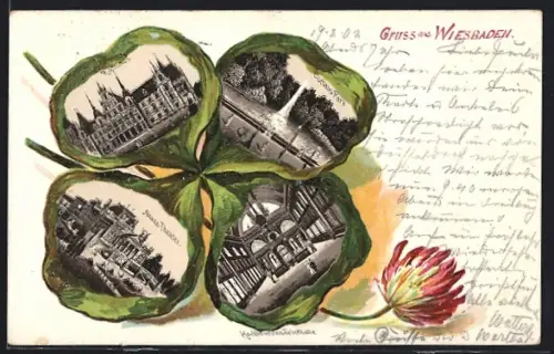 Passepartout-Lithographie Wiesbaden, Rathaus, Neues Theater und Kurhaus-Park im Kleeblatt