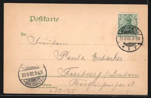 Passepartout-Lithographie Wiesbaden, Rathaus, Neues Theater und Kurhaus-Park im Kleeblatt