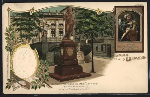 Lithographie Leipzig, Johann Wolfgang Goethe-Denkmal auf dem Naschmarkt vis a vis Auerbachs-Keller, Goetheporträt