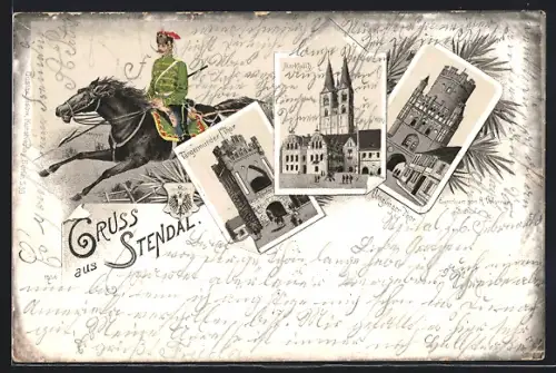 Lithographie Stendal, Marktplatz, Tangermünder Tor, Uenglinger Tor