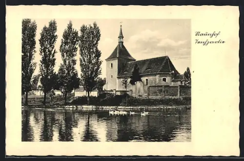 AK Hohenheida / Leipzig, Kirchenpartie mit Teich, Fehldruck Naunhhof !