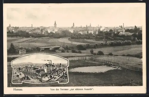 AK Hanau, Brauerei Kaiser aus der Vogelschau, Blick von der Terrasse Zur schönen Aussicht