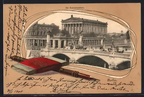 Passepartout-Lithographie Berlin, Nationalgalerie, Bleistift und Radiergummi