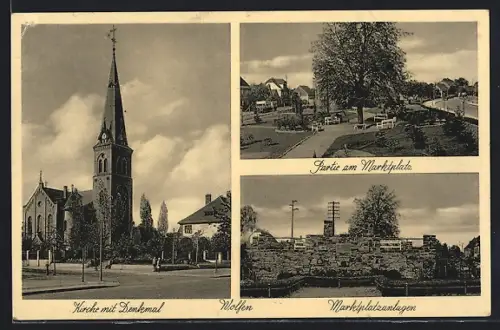 AK Wolfen, Kirche mit Denkmal, Marktplatz- und anlagen