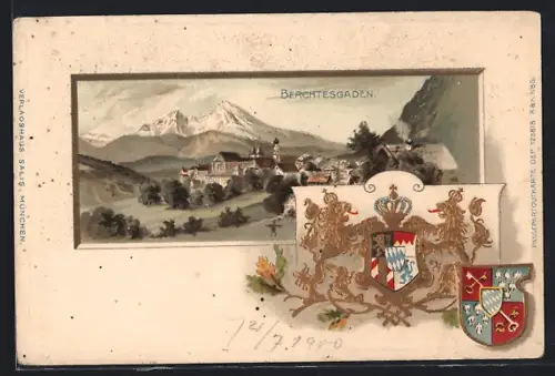 Passepartout-Lithographie Berchtesgaden, Panoramablick auf den Ort, Wappen