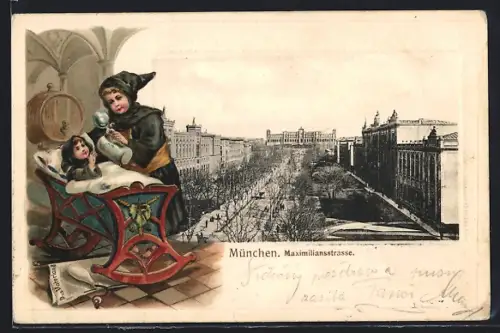 Lithographie München, Maximilianstrasse, Münchner Kindl gibt Baby Bier, Passepartout