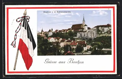AK Bautzen, Teilansicht mit Kirche von der Schiessbleiche aus, Fahne, Passepartout