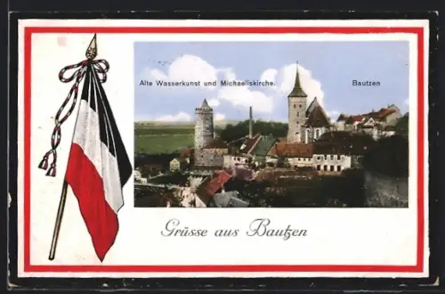 AK Bautzen, Alte Wasserkunst und Michaeliskirche, Fahne, Passepartout