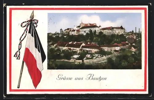 AK Bautzen, Blick zum Schloss, Fahne, Passepartout