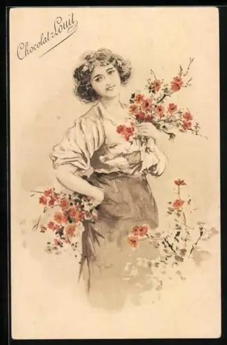 AK Chocolat-Louit, Junge Frau mit Blumen, Kakao