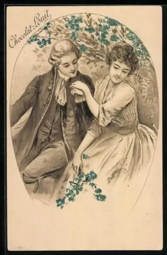 AK Chocolat-Louit, Liebespaar mit Blumen, Kakao