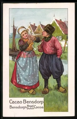 AK Reklame für Cacao et Chocolat Bensdorp, Paar in Holzschuhen