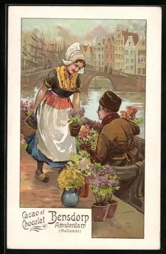 Lithographie Amsterdam, Reklame für Cacao Bensdorp, Blumenhändler