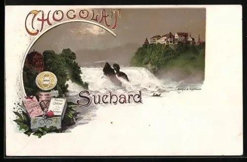 Lithographie Rheinfall, Wasserfall bei Mondschein, Cacao Chocolat Suchard