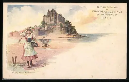 Lithographie Paris, Chocolat Devinck, 76, Rue Lafayette, 76, Mont Saint-Michel